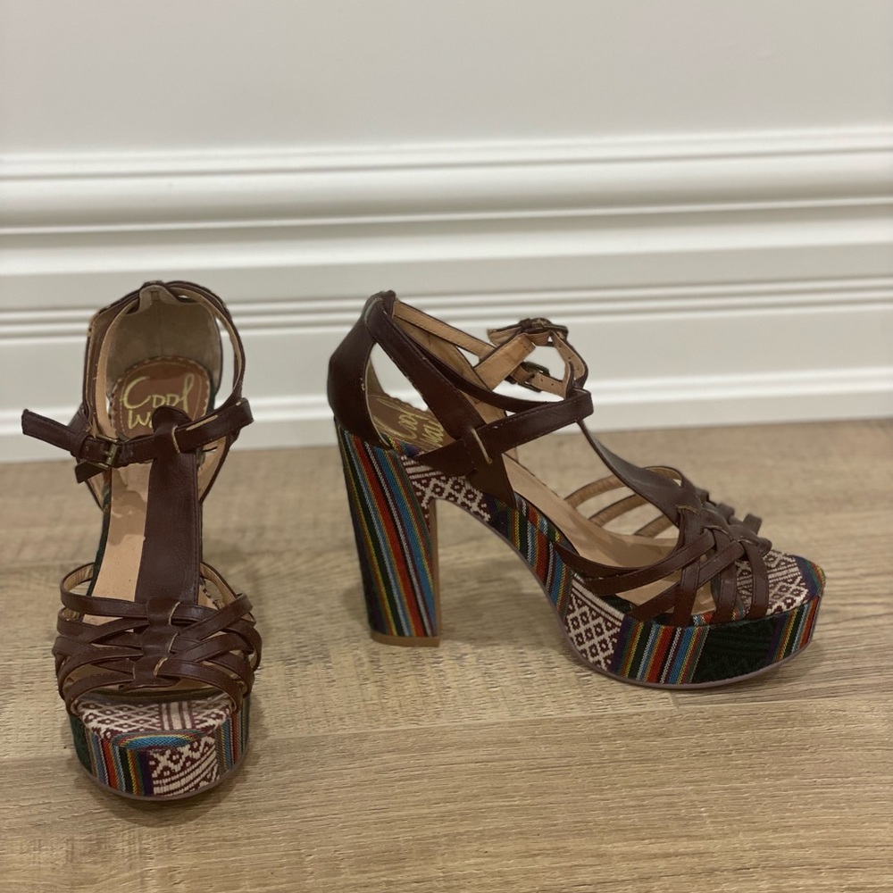 Cool Way platform leather cutout strappy aztec rainbow print sandal heels  - 10